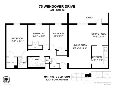 Floor plan for 3 beds, 1 bath, 1099 sqft